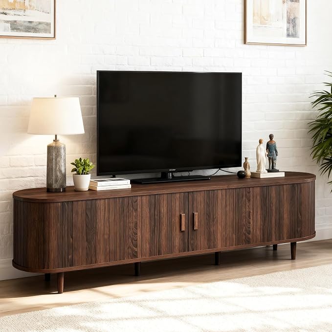 70" Mid Century Modern TV Stand, Wood TV Consoles with Sliding Doors and Power Outlet, Entertainment Center with Adjustable Shelves, Fluted TV Stands for Living Room, Walnut by Unknown