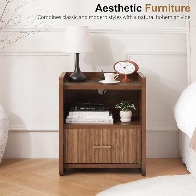 Night Stand with Charger Station, Fluted Nightstands Set of 2 with Drawer, Modern Bedside Table Set of 2, Wide Nightstands for Bedroom, Mid Century Wooden Night Stands for Home Sofa Couch - Image 8