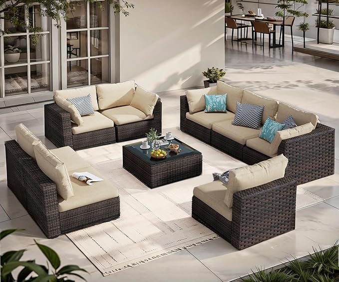 9 Piece Patio Furniture Set All Weather PE Rattan Outdoor Sectional Sofa Couch with No-Slip Cushions and Glass Top Table for Garden, Poolside, Backyard (Beige)