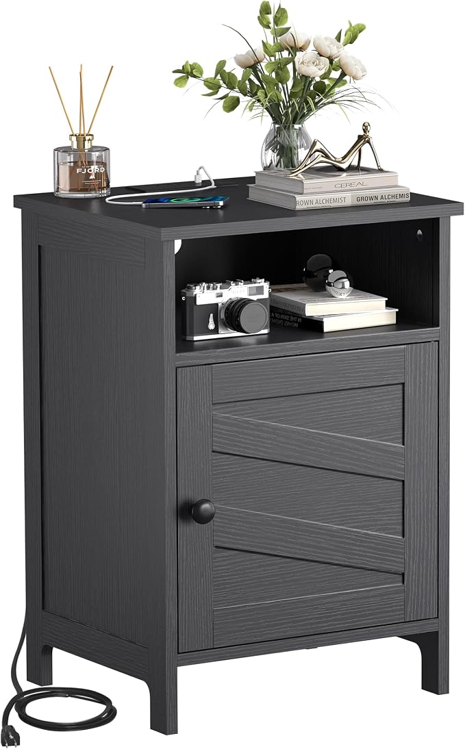 Night Stand with Charging Station, Farmhouse Nightstand with Open Shelf, Bedside Table with Enclosed Cabinet, Wooden End Table with USB Ports & Outlets for Bedroom by TimelessWarmth