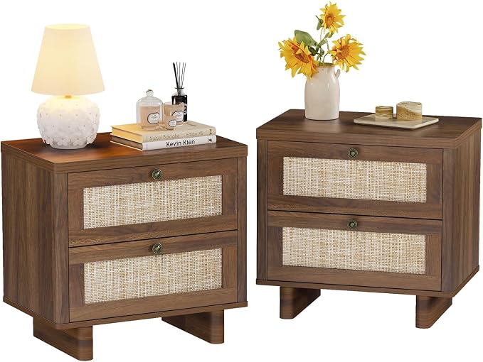 LAZZO Nightstands Set of 2 Large Night Stands 23.6" Wide Bedside Table Set of 2 with 2 Rattan Drawers and Bronze Ring Handles for Bedroom Walnut by LAZZO