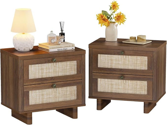 LAZZO Nightstands Set of 2 Large Night Stands 23.6" Wide Bedside Table Set of 2 with 2 Rattan Drawers and Bronze Ring Handles for Bedroom Walnut by LAZZO