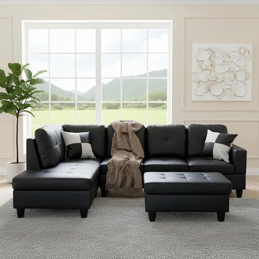 L-Shape Sofa with Storage Ottoman, Leather Sectional Couch, Modern 3-Piece Sofa Set for Living Room, Contemporary Upholstered Couch Set with Solid Wood Frame for Apartment, Loft, Black