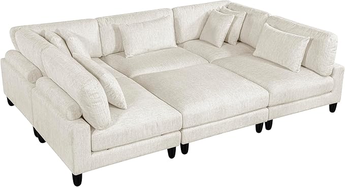 Lexicon 120 Inch Modular Sectional Sofa - Oversized 6 Seater Microfiber L Shaped Sectional Couch with Ottoman, 7 Accent Pillows, and Flexible Arrangement for Modern Living Rooms, Beige