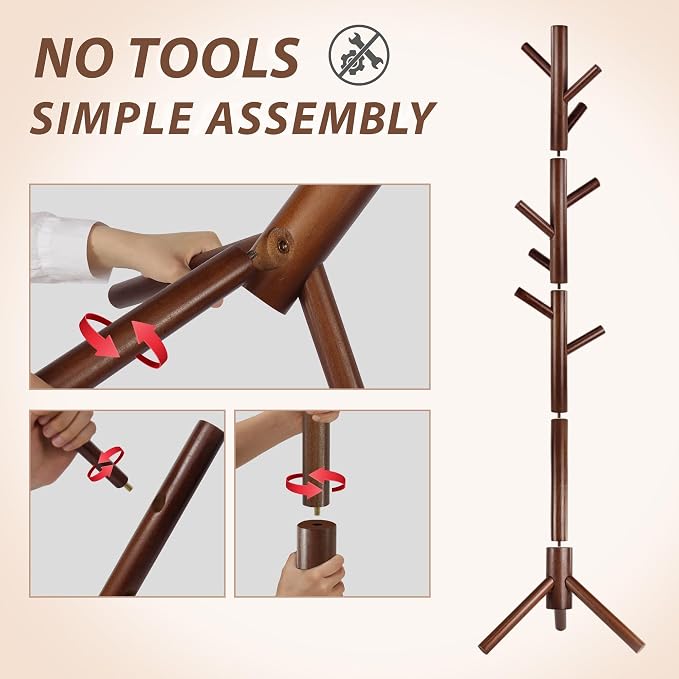 Unisakey Durable Wooden Coat Rack, Freestanding Coat Rack with Stable Triangular Base, 8 Hooks & 3 Adjustable Heights, Simple Assembly for Bedroom, Hallway, Office(New Brown) - Image 6