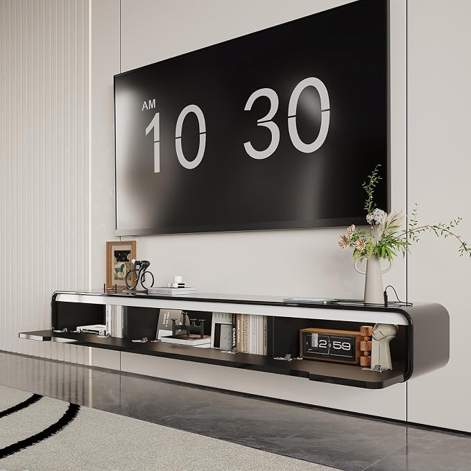basenji Fully-Assembled Floating TV Stand -71" Wall Mounted TV Stand with Power Outlet | High Gloss Modern Floating Entertainment Center Media Console for Living Room, Bedroom - Black - Image 8