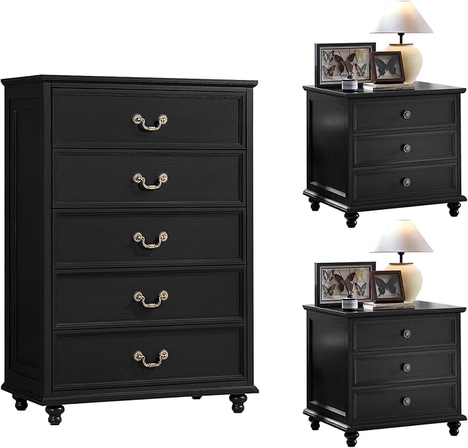Joaxswe 24" Wide Farmhouse Nightstand Set of 2, 45" Tall Rustic Chests of 5 Drawers w/ 4 Solid Wood Feet, Farmhouse Furniture Series for Living Room,Bedroom,Black