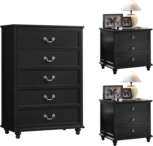 Joaxswe 24" Wide Farmhouse Nightstand Set of 2, 45" Tall Rustic Chests of 5 Drawers w/ 4 Solid Wood Feet, Farmhouse Furniture Series for Living Room,Bedroom,Black