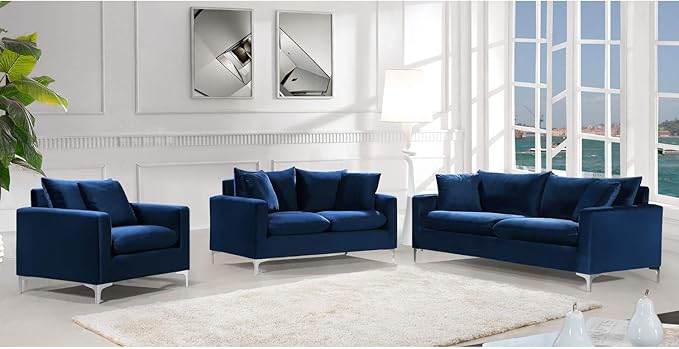 Meridian Furniture Naomi Collection Modern | Contemporary Black Velvet Upholstered Sofa with Stainless Steel Base in a Rich Gold or Chrome Finish, (633Black-S)