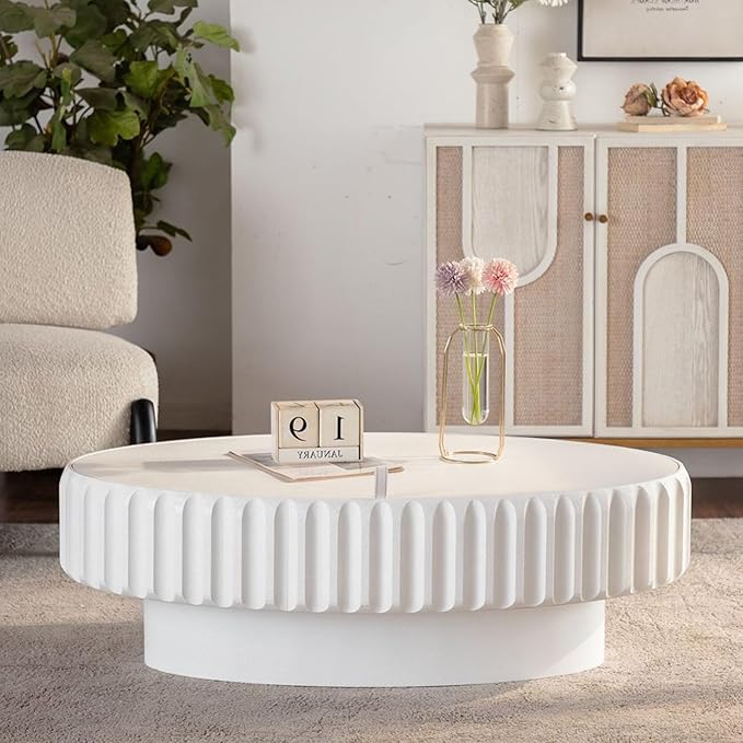 WILLIAMSPACE 43.31" Olive Coffee Table with Storage for Living Room, Modern Oval Fluted Center Table with Lift-Off Lid, Drum Pedestal Tea Table for Apartment, Easy Assembly, White