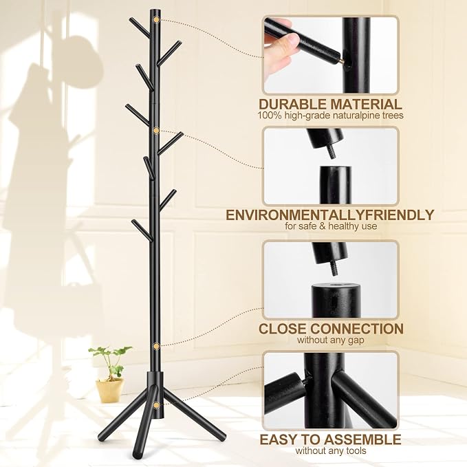Solid Wooden Coat Rack Freestanding, New Zealand Pine Coat Tree with 8 Hooks & 3 Adjustable Sizes for Coats, Hats, Handbags and Scarves, Space Saving for Entryway/Office/Bedroom (Black) - Image 2