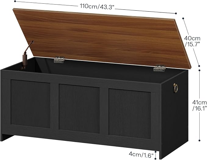 HOOBRO Storage Bench, 43.3" Retro Wooden Storage Chest, Wooden Storage Trunk, Toy Chest with Lift Top, Multifunctional Entryway Organizer, for Entryway, Living Room, Black and Walnut BH411CW01 - Image 3