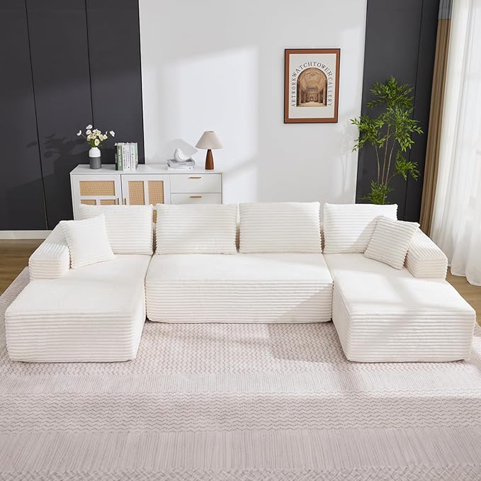 Boneless Couch U Shaped Sectional 130'' Modern Modular Cloud Couch with 2 Chaise Lounge, 4-Seat Corduroy Deep Seat Sofa with Pillows for Living Room