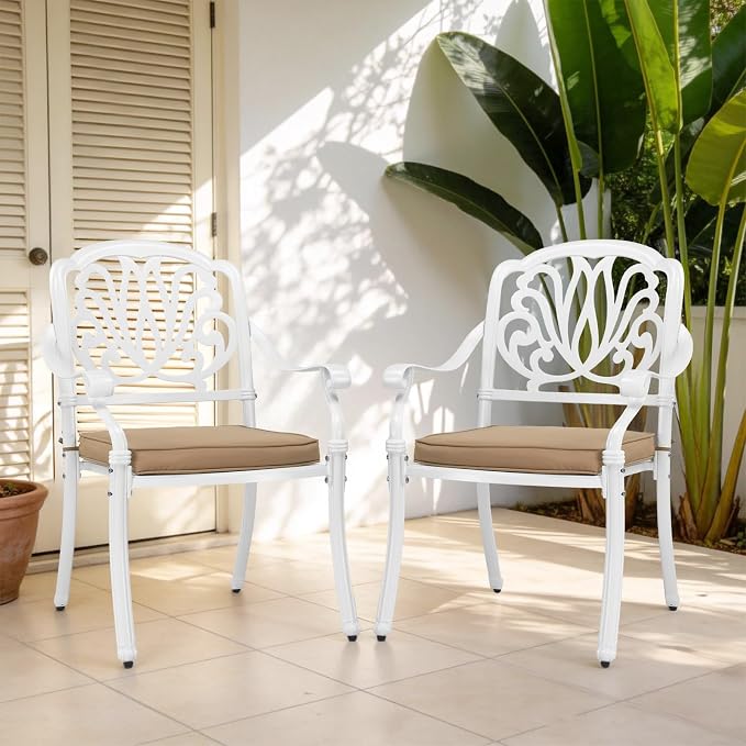 VINGLI Patio Chairs Set of 4 - Stackable Outdoor Cast Aluminum Dining Chairs with Vintage White Finish and Floral Pattern, Metal Armchairs for Poolside, Backyard, Balcony (with Cushion) - Image 2