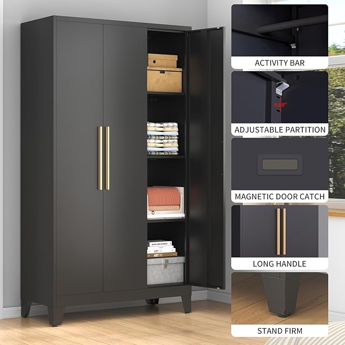 75.3" Tall Metal Armoire Wardrobe Closet with 3 Doors, Adjustable Hanging Rod and 5 Adjustable Shelves, Freestanding Storage Cabinet Organizer for Bedroom, Office, Laundry Room，Black