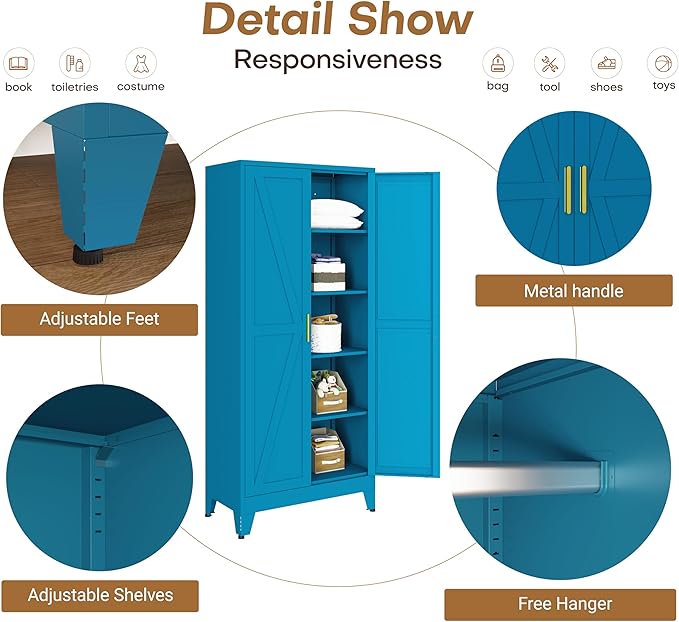 Metal Armoire Wardrobe Closet, 71" Steel Clothing Storage Cabinet with 2 Doors, Hanging Rod & Shelves, Bedroom Armoire Closet, Blue Wardrobe Cabinets for Bedroom