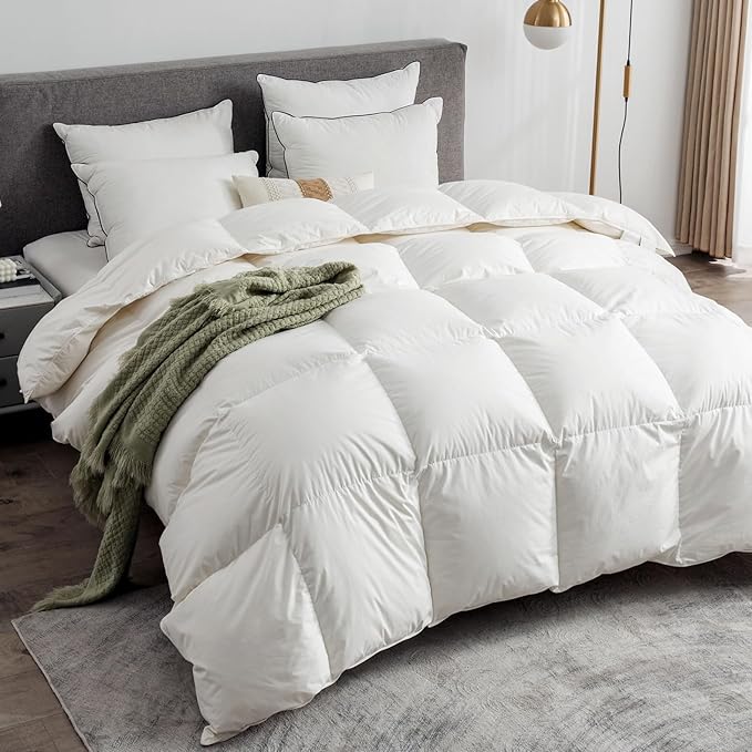 Organic Feathers Down Comforter Full Size | 100% Cotton, Premium Goose Duck Feathers & Down Filling, All-Seasons Stand-Alone Duvet Insert with Tabs, 82x86 Inches, White