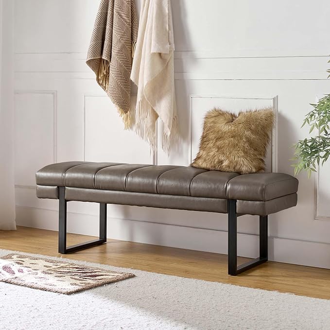 HULALA HOME 53" Faux Leather Entryway Bench, Button Tufted End of Bed Bench Ottoman for Bedroom, Living Room with Metal Base, Grey by HULALAHOME