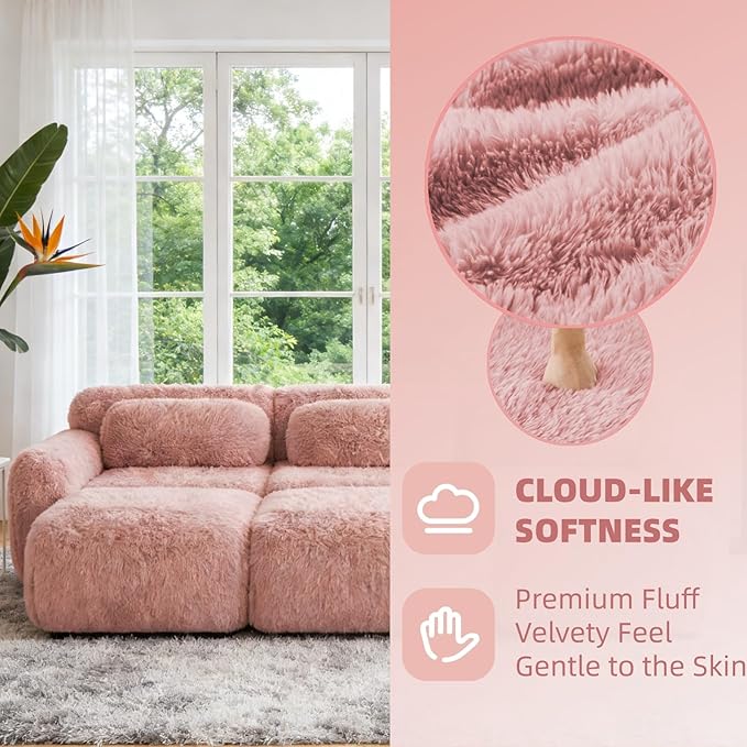 114.7" Sectional Sofa Bed, 6-Seater Modular Sleeper Boneless Couch with Movable Ottoman, Plush Convertible Sofa Set Deep Seat Couches for Living Room, Bedroom and Apartment, Pink