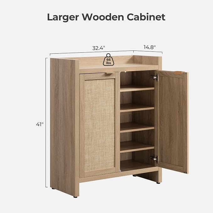 SICOTAS Shoe Cabinet, 24 Pair Shoe Storage Organizer Cabinet, 41" Tall Rattan Shoe Cabinet with Doors and Shelves, 6-Tier Farmhouse Boho Wooden Storage Cabinet for Entryway Hallway Closet, Light Oak - Image 2