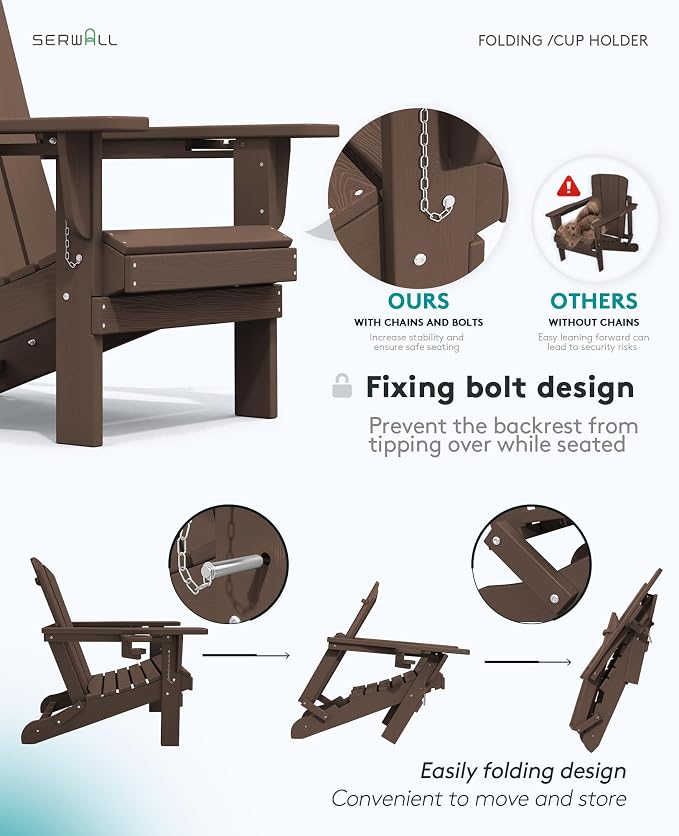 SERWALL Adirondack Chair with Cup Holders - Composite Adirondack Chairs Set of 4 HDPE Outdoor Chairs All Weather Use- Coffee - Image 6