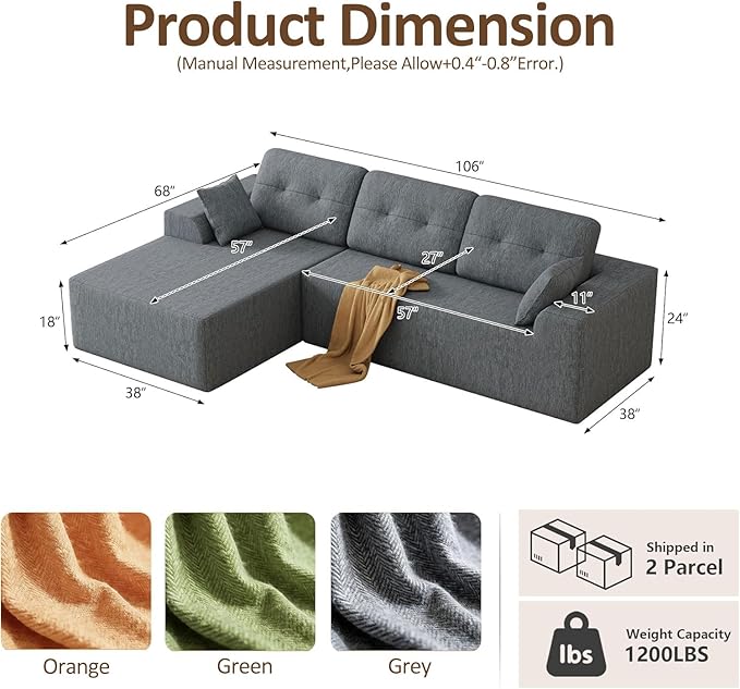 Ball & Cast 106''L Shaped Modern Sofa Modular Sectional Cloud Couch with Pillow,3-4 Seater Convertible Boneless Comfy Chenille Sofa Couches for Living Room, Bedroom and Apartment,Left Facing(Grey)