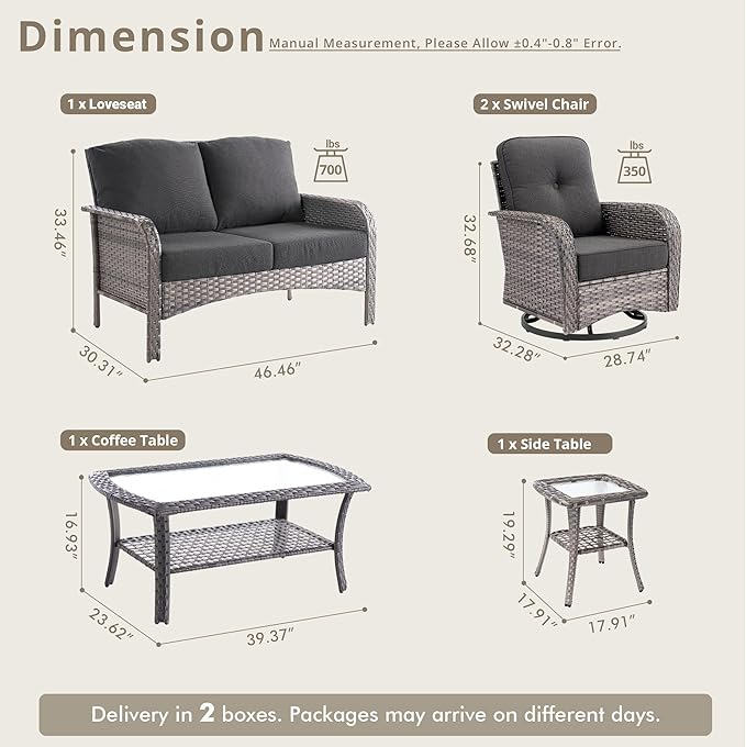weaxty 5 Pieces Wicker Patio Furniture Set, High Back Swivel Rocker Chairs Outdoor Loveseat Sofa and Rattan Coffee Table, Outdoor Conversation Sets for Porch Deck Backyard Poolside, Black