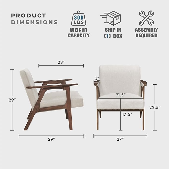 Lexicon Mid Century Modern Accent Chair, Upholstered Lounge Armchair, Single Sofa Seat, Brown Finish Solid Wood Framed Comfy Side Chairs for Living Room/Bedroom/Office/Waiting Area, Beige