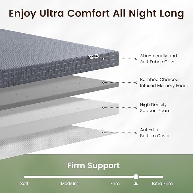 4 Inch Extra Firm King Mattress Topper with Cooling Gel & Bamboo Charcoal, Extra Firm King Memory Foam Mattress Topper for Pain Pressure Relief, CertiPUR-US Certified, Removable Cover