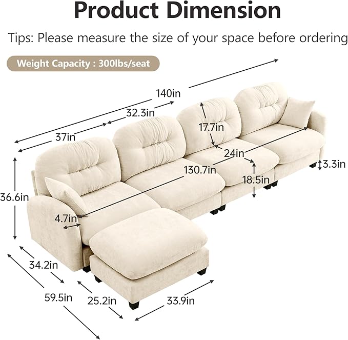 KEIKI 140" L-Shaped Oversized Chenille Modular Sectional Sofa with 1 Ottoman, High-Density Foam Cushions, Tufted Pleated Cushion Backrest, Modern 4-Seater Couch with 2 Pillow, for Living Room, Beige