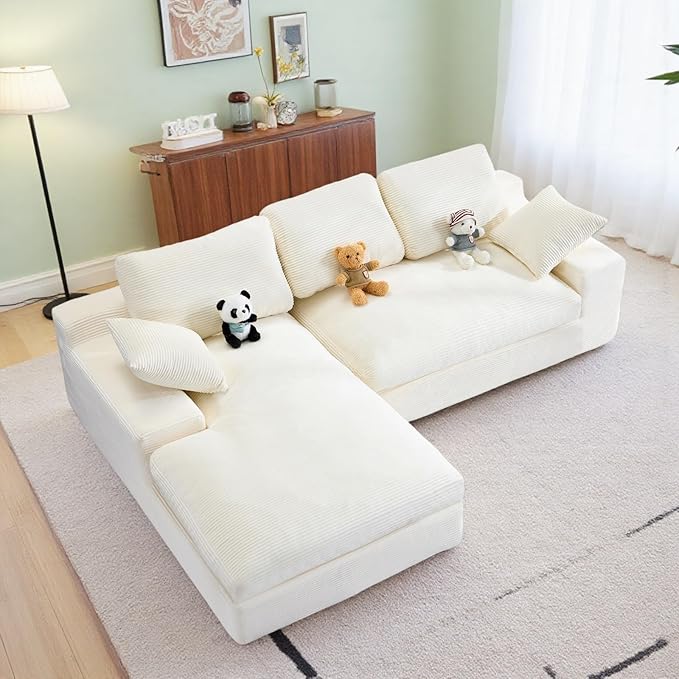 L Shaped 4 Seater Sofa, Modern Modular Sofa with 3 Back Cushions & 2 Coordinating Pillows, 98'' Corduroy Leisure Combination Couch with Wide Seat & High-Resilience Foam for Living Room, White