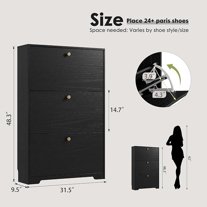 Nicetree Shoe Cabinet with 3 Flip Drawers, Narrow Shoe Organizer Cabinet, Freestanding Shoe Rack Cabinet, Morden Shoe Storage Cabinet for Entryway, Hallway, Foryer, Black with Hook - Image 2