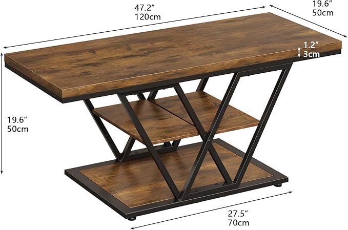 Coffee Table with Storage Industrial 3 Tier Center Living Room Table Farmhouse Wooden Rectangle Cocktail Rustic Tea Table for Office Bedroom(Brown)