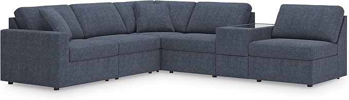 Signature Design by Ashley Modmax Contemporary Stain Resistant Left-Arm Facing 6-Piece Sectional with Storage Console, Armrest, Throw Pillows and Reversible Cushions, Blue