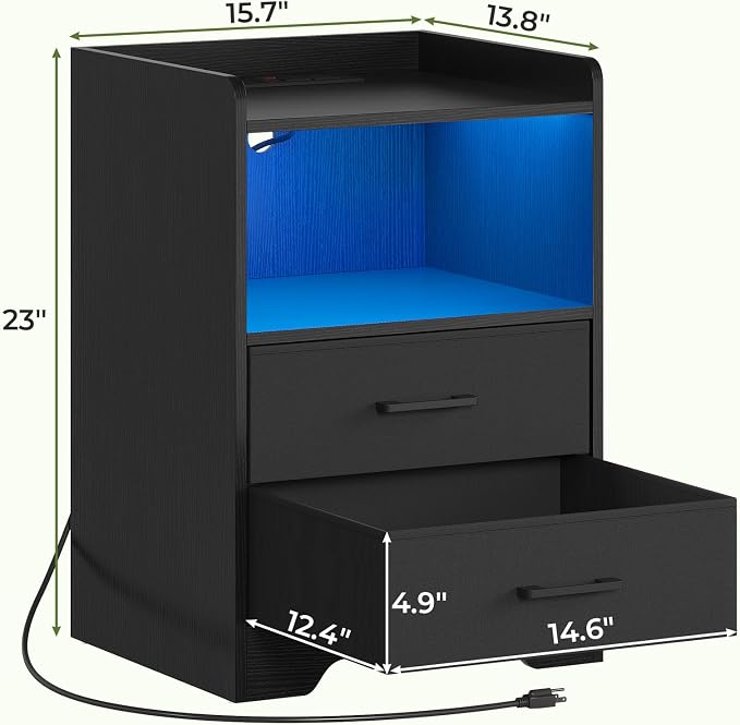 DICTAC Nightstands Set 2, LED Nightstand with Charging Station, End Side Table with USB Port, Bedside Table with 2 Fabric Drawers and Open Compartment for Bedroom, Black - Image 3