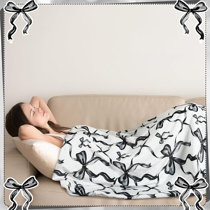 Buryeah Black Bow Throw Blanket Valentine's Day Galentines Day Gifts Preppy Blanket Coquette 50 X60 Flannel Soft Cute Bow Lightweight Aesthetic Room Decor for Women Friends for Sofa Couch Travel Bed