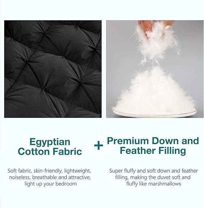 KAKABELL Pinch Pleat Goose Down Feathers Fiber Comforter Palatial King Size All Season-Ultra Soft and Cozy Noiseless Duvet Insert with Egyptian Cotton Blend Cover,Fluffy Warm Comforter Black,120"X98"