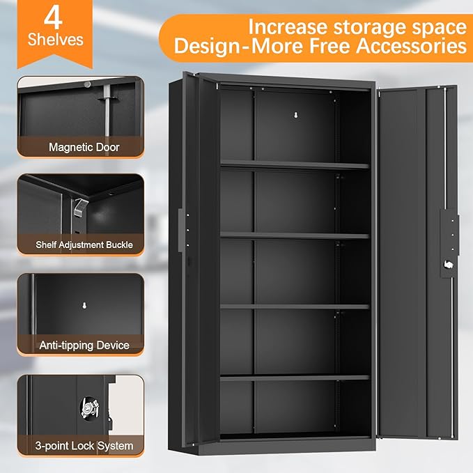 IRONFFICE 72" H Metal Garage Cabinet,Metal Lockable Storage Cabinet with 2 Doors, Locking Tall Garage Storage Cabinets with Adjustable Shelves,Tool Cabinets for Home Office,Gym,School (Black)