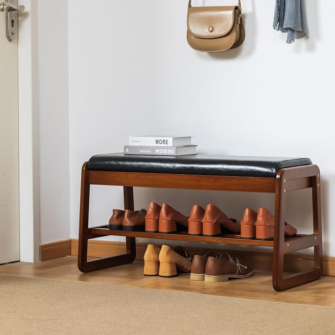 Solid Wood Shoe Bench, 2-Tier Entryway Bench with Cushion and Flip-Open Storage Box, Mid-Century Modern Shoe Bench Rack for Hallway, Mudroom(Black, 31.5'') - Image 3