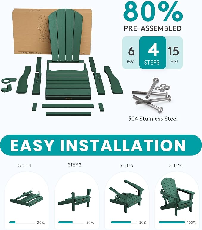 SERWALL Folding Adirondack Chair Outdoor Adirondack Chairs with Cup Holder Weather Resistant Patio Chair with Wood Textured for Patio Deck Garden, Backyard, Fire Pit - Green - Image 6