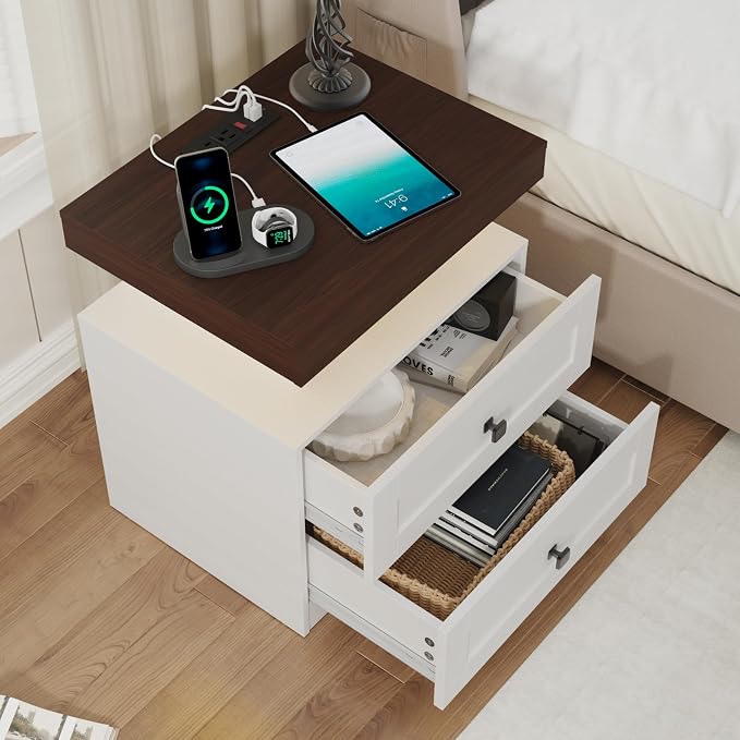 MHOM Farmhouse LED Nightstand with Charging Station, Bedroom Side Table with Drawers, Rustic End Table for Bedroom, Antique White - Image 6