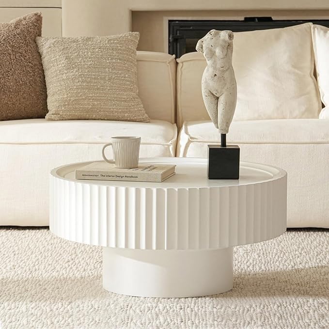 Round Coffee Table, 30.3in Modern Living Room Table, Fluted Drum Circle Tea Table with Storage, Accent Center Tables for Living Room, Apartment, Small Space(30.3''L×13.7''H) (White)
