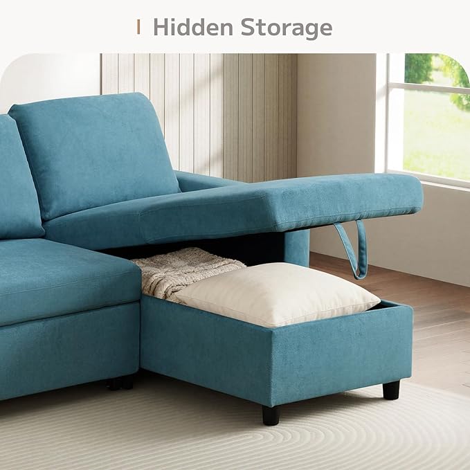 L-Shaped Sleeper Sofa with Chaise Lounge & Storage, Pull-Out Couch Bed with Recliner, Full Size Futon for Living Room, Office, Apartment Teal