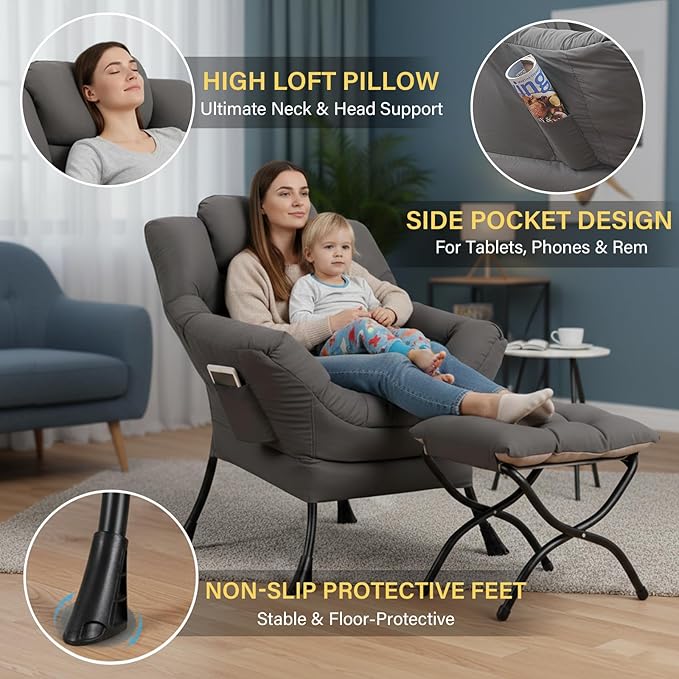 Lazy Chair with Ottoman, Large Dark Grey Accent Chair with a Side Pocket, Modern Leisure Upholstered Sofa Reading Armchair with Footrest for Office, Bedroom, Living Room, Dorm Rooms, Balcony