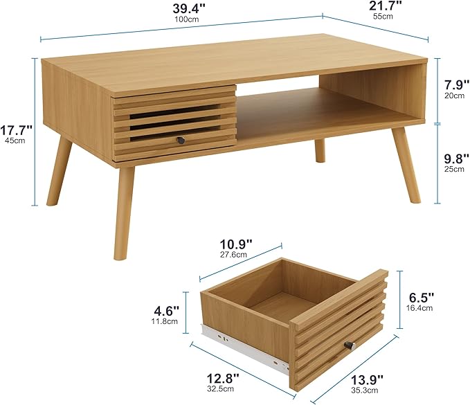 Mid Century Modern Coffee Table, CoffeeTable with Storage, Living Room Center Table with Slatted Panel Drawer, Fluted Wood Coffee Table with Open Shelf for Living Room, Oak