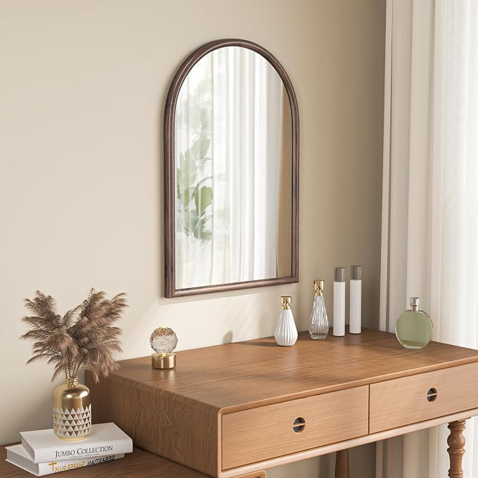 20"x30" Arch Wall Mirror for Wall, Wall Mounted Vanity Mirror for Bedroom, Wood Grain Finish Frame Mirror with Tempered Glass, Vintage Decorative for Bathroom, Entryway, Living Room, Walnut - Image 6