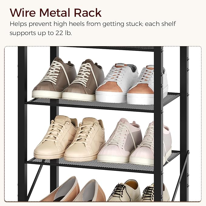 MAHANCRIS 8 Tier Narrow Shoe Rack Organizer, Tall Slim Shoe Storage for Small Space, Holds 8-16 Pairs, Metal Shoe Shelf with Wooden Top for Entryway Closet Bedroom, Rustic Brown and Black SRHR08401 - Image 5