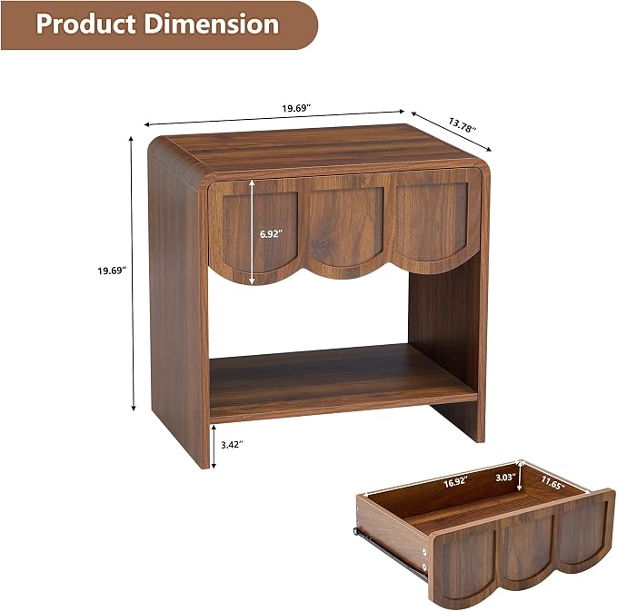 Small Night Stand Set of 2, Mid Century Modern Farmhouse Wood Nightstand with Wave Panel Drawer, Bed Side End Table for Small Space, Living Room - Walnut - Image 3