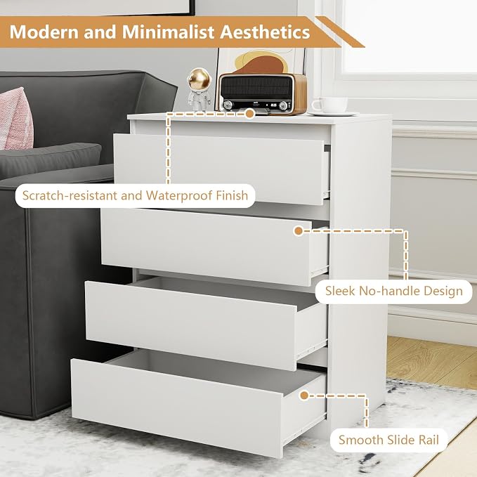 White Nightstand with 4 Drawers,Modern 32'' Tall Bedside Table with Storage for Bedroom,End Side Table with No-Handle Design for Living Room - Image 4