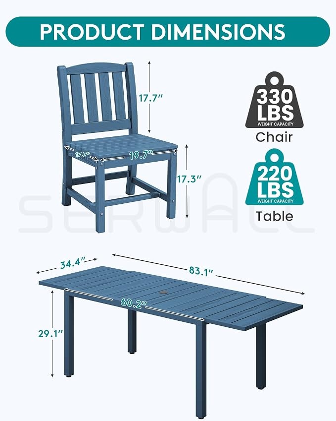 SERWALL Outdoor Dining Chairs Set of 4, All-Weather HDPE Patio Armless Chairs Suitable Outdoor Dining Table, Blue - Image 6